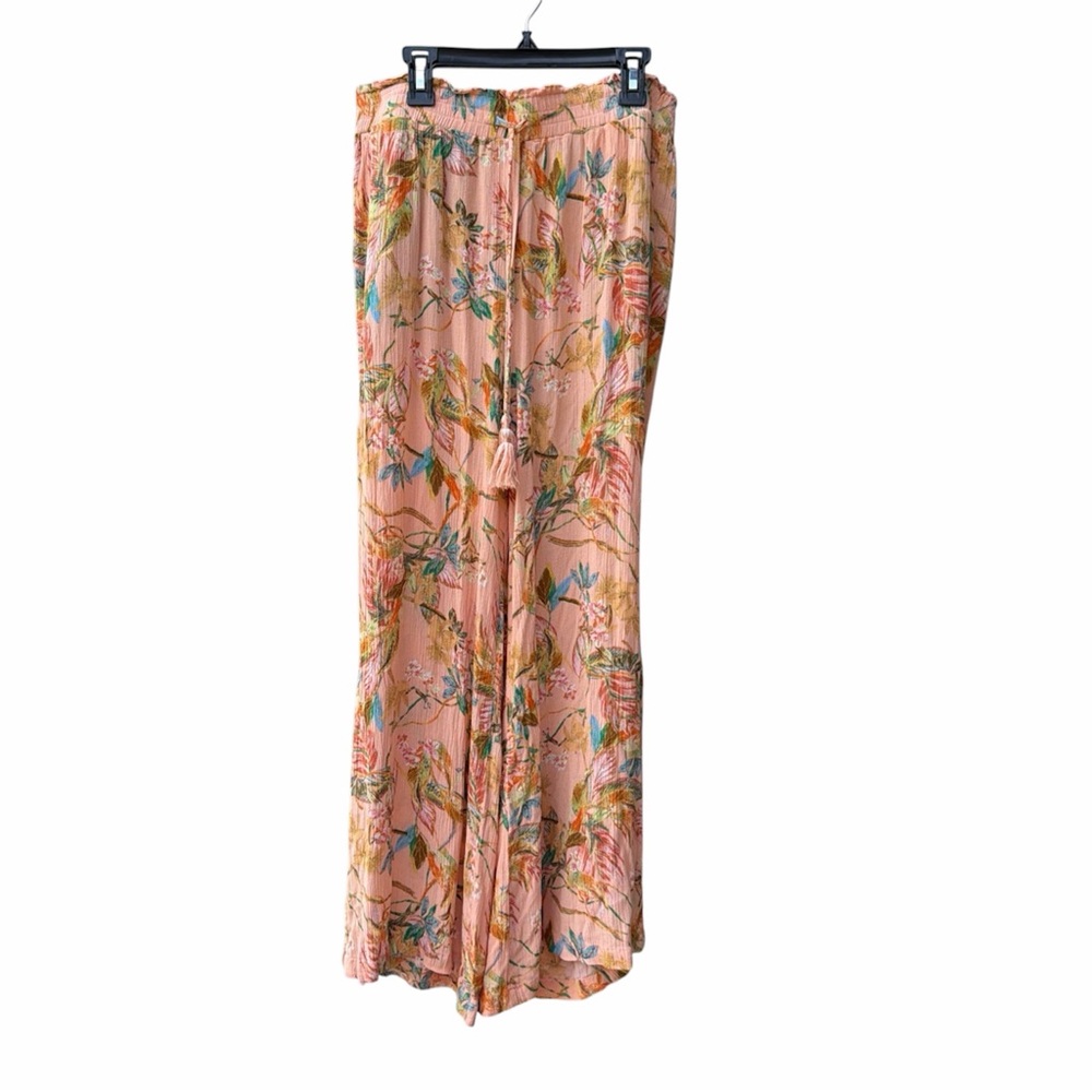Rose And Olive Peach Floral Pull On  Wide Leg With Side Slits Palazzo Pant SZ M